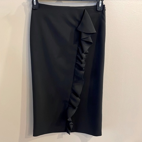 ZARA open slit ruffle front midi pencil skirt side zipper black NWOT size Small - Picture 1 of 11